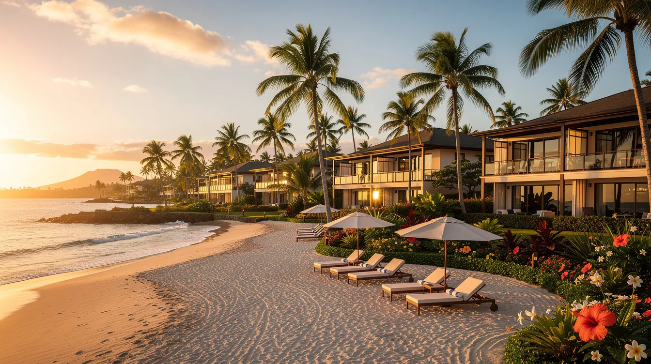 A stunning beachfront resort in Maui is illuminated by the golden hour, featuring swaying palm trees and white sandy beaches along the shoreline. This picturesque scene captures the essence of luxury and relaxation, perfect for those considering private jet travel to Maui for an unforgettable getaway.