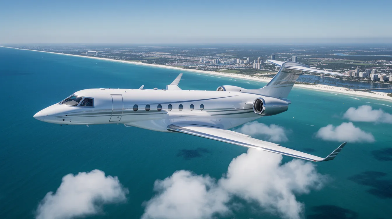 A sleek private jet is soaring through the sky, heading towards the beautiful beaches of Saint George Island, Florida. This destination is known for its serene and uncrowded beaches, making it a perfect getaway for those seeking relaxation on Florida's Gulf Coast.
