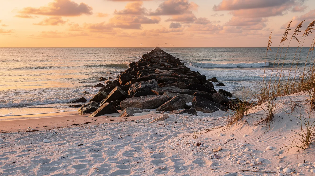 The image depicts a serene scene of St. George Island, Florida, featuring a tranquil beach with soft sand dunes and gentle waves lapping at the shore. In the background, the historic George Island Lighthouse stands tall, surrounded by lush pine trees, showcasing the island's natural beauty and inviting atmosphere for visitors.