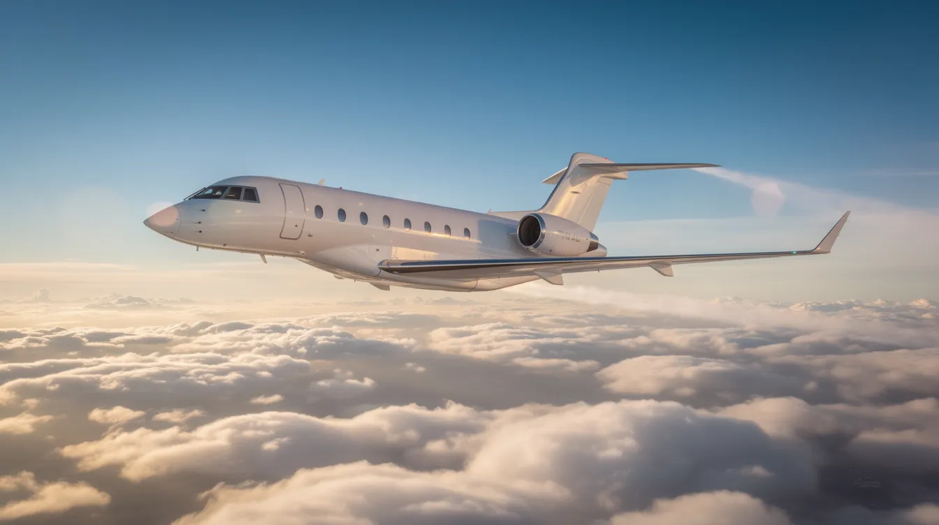 A luxurious private jet soars above a blanket of fluffy clouds, illuminated by sunlight that glints off its sleek fuselage against a vibrant blue sky. This scene captures the essence of private aviation, showcasing the elegance and freedom of flying in style.