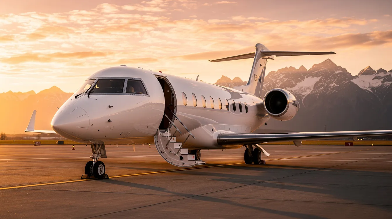 A sleek white business jet, representing luxury private aviation, is parked on a tarmac at sunset, with majestic mountains silhouetted in the background. The scene captures the essence of private jet travel, highlighting the elegance and exclusivity of ultra long range jets.