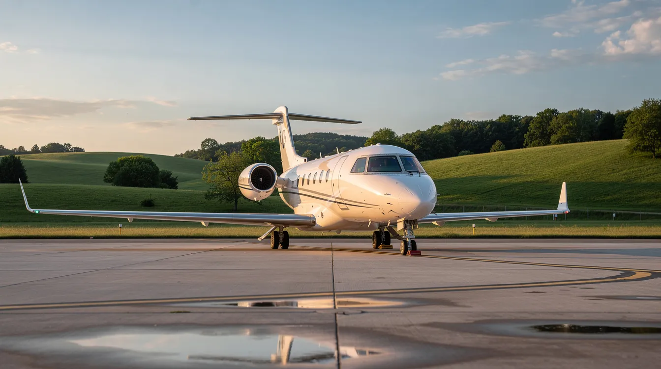 A small white private jet is parked on a quiet airport tarmac, surrounded by lush green hills in the background. This serene scene captures the essence of air travel, highlighting the luxury of private flights amidst the tranquility of nature.