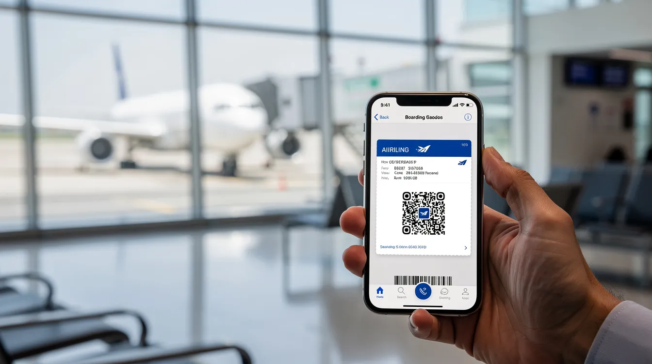 A hand holds a smartphone displaying flight information at an airport gate, with a blurred aircraft visible through the window, perfect for travelers looking to book flights and track flight prices. The scene captures the anticipation of air travel, whether for domestic flights or international trips.