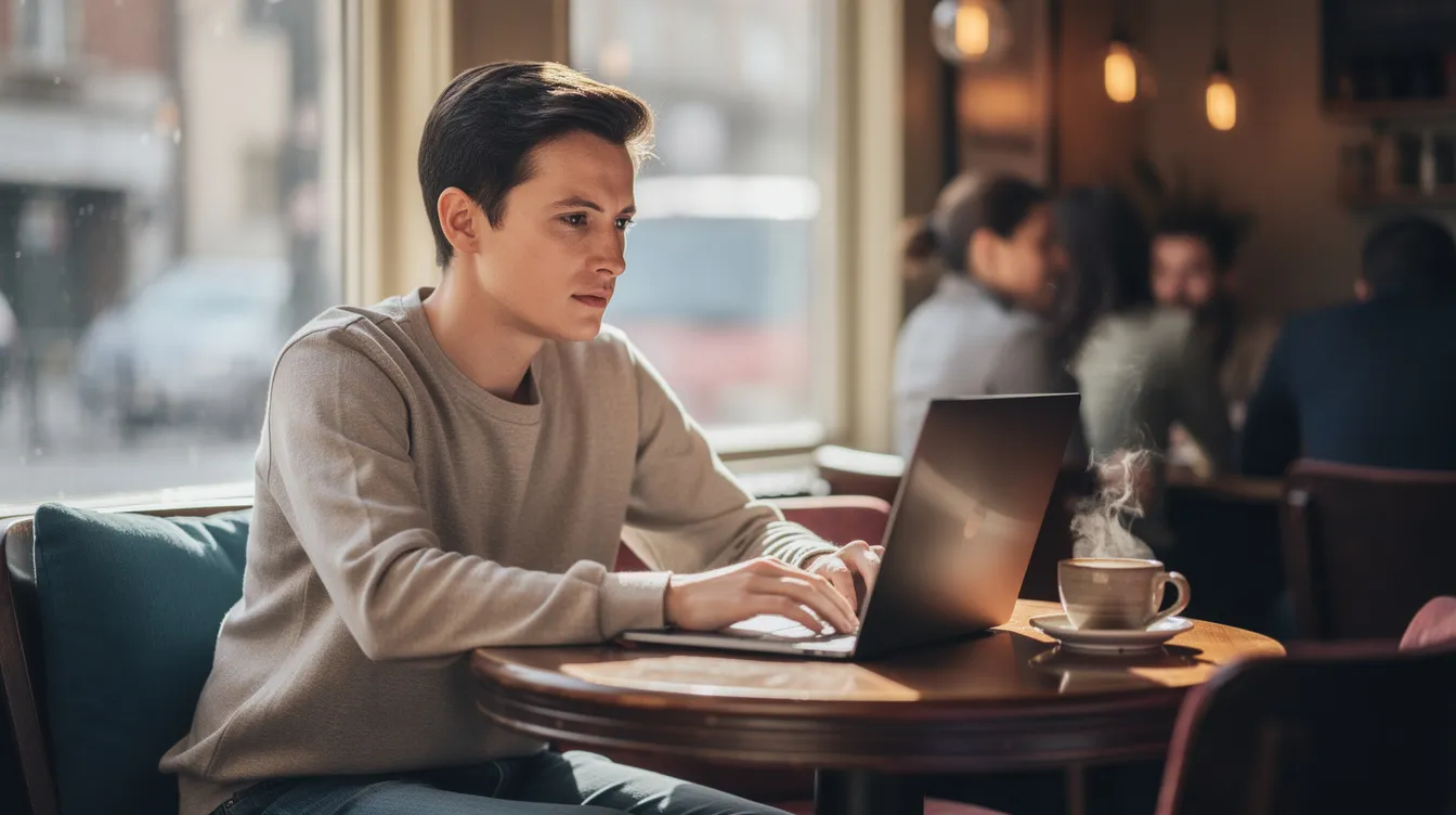 A person is seated at a caf锟絜9 table, focused on their laptop screen while a coffee cup rests beside them. This scene captures the essence of planning travel, possibly searching for cheap flights or comparing airline ticket prices.