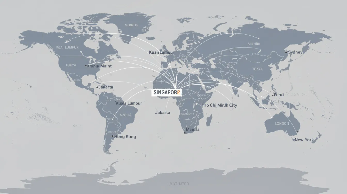 The image depicts a map of Southeast Asia, with Singapore prominently positioned at the center, showcasing various flight routes radiating outward to major cities. This visual highlights Singapore as a global hub for private jet travel, connecting discerning travelers to leisure destinations and business opportunities across the region.