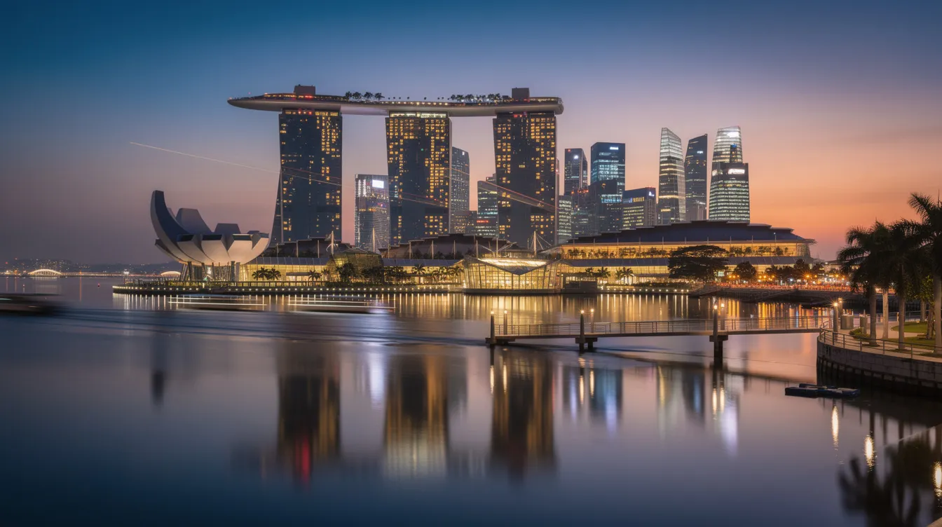 The image captures the stunning Marina Bay waterfront at dusk, showcasing illuminated modern buildings, including the iconic Marina Bay Sands, with their reflections shimmering on the water. This vibrant scene highlights Singapore as a global hub for private jet travelers and leisure destinations, surrounded by world-class facilities and architectural marvels.