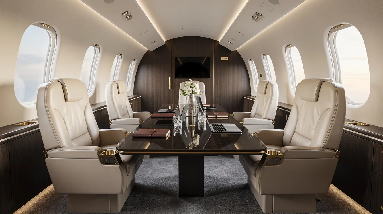 The image showcases the interior of a luxurious private jet cabin, featuring plush leather seats arranged around a sleek conference table, perfect for business and leisure travelers. This sophisticated setting highlights the comfort and elegance that private jet passengers can expect during their flight experience.