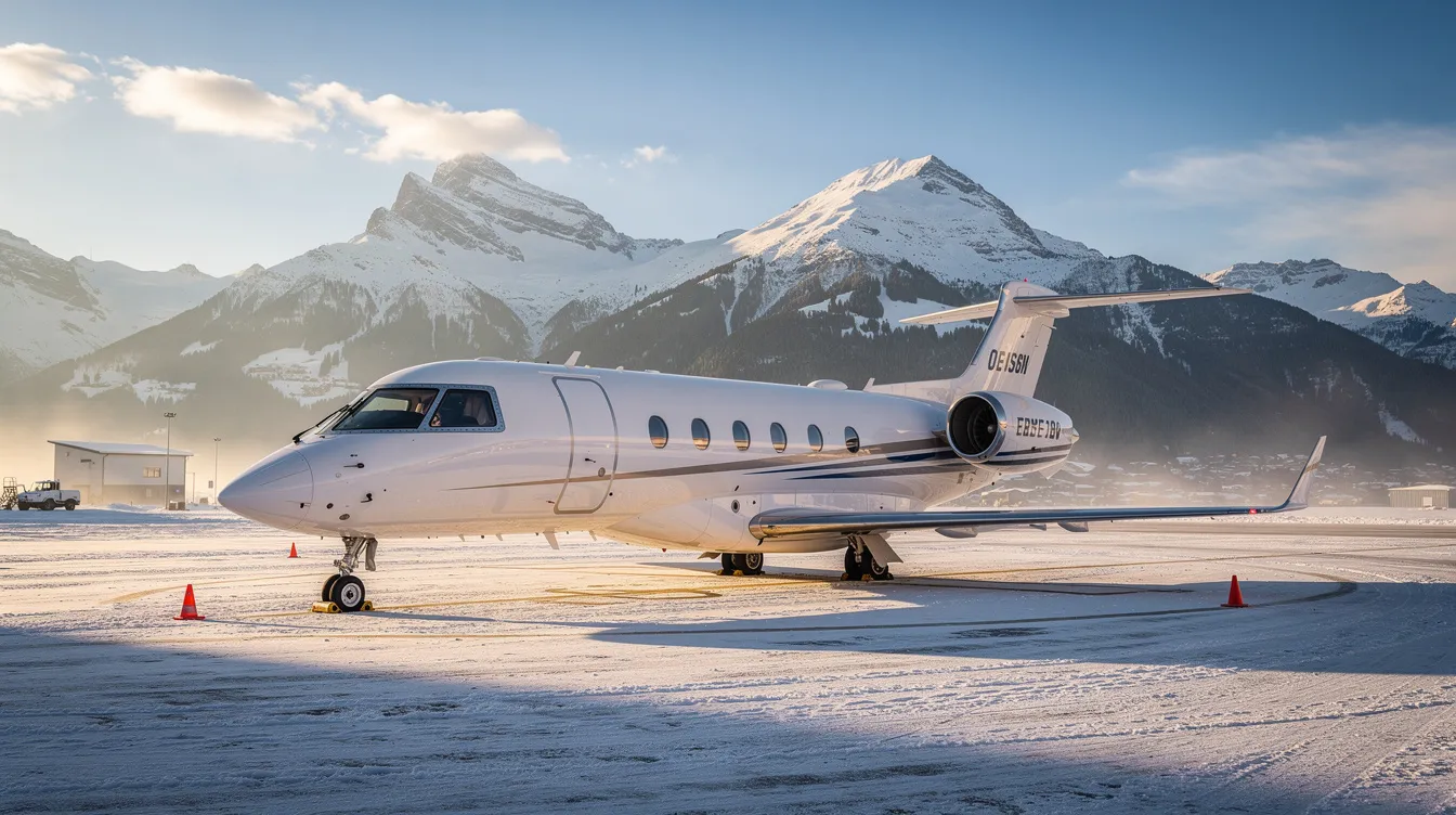 A private jet is parked on a snowy tarmac, surrounded by stunning mountain scenery, suggesting a luxurious getaway. This image evokes thoughts of holiday travel and the potential for flight prices to drop during off-peak seasons.