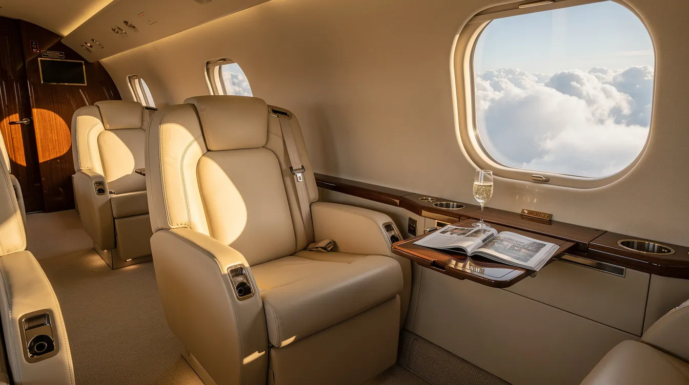 The image depicts the interior of a luxurious private jet cabin featuring plush leather seats and large windows offering a panoramic view of fluffy clouds. This serene setting highlights the comfort and exclusivity of private air travel, making it an appealing choice for those seeking to avoid the hustle of holiday flights and peak travel periods.