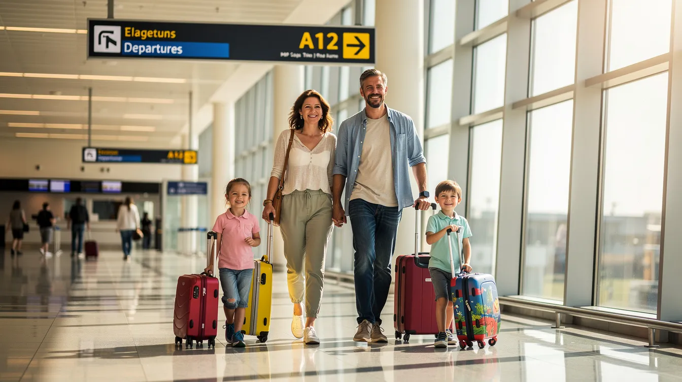 A family is seen walking through an airport hallway, each member pulling their own suitcase as they prepare for their upcoming trip. The scene captures the excitement of holiday travel, reflecting the hustle and bustle often associated with booking flights during peak travel periods.