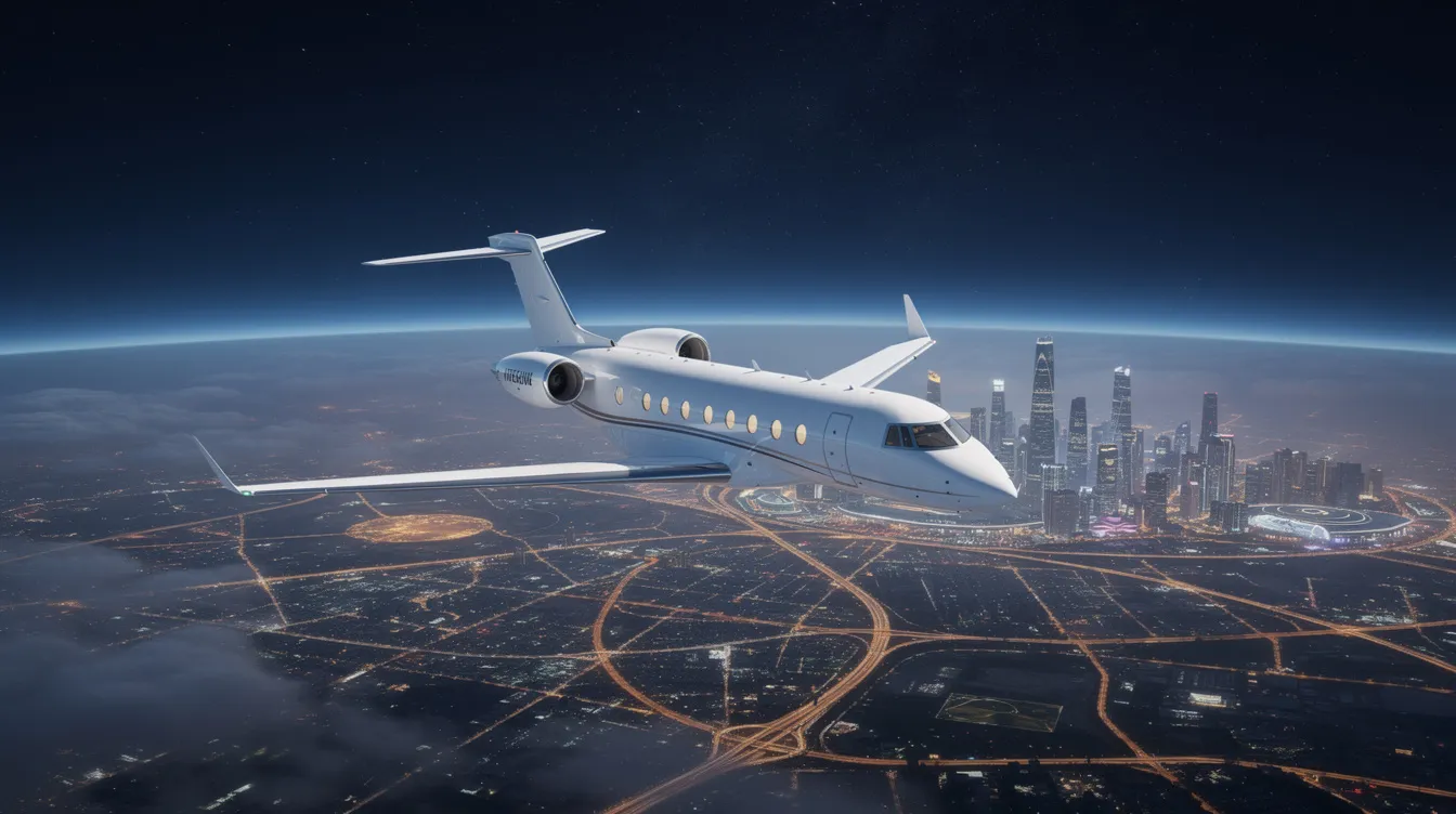 A private jet glides through the night sky over China, showcasing the luxury of private aviation. The scene captures the essence of exclusive travel, emphasizing the appeal of private jet charters for business executives and luxury travelers.