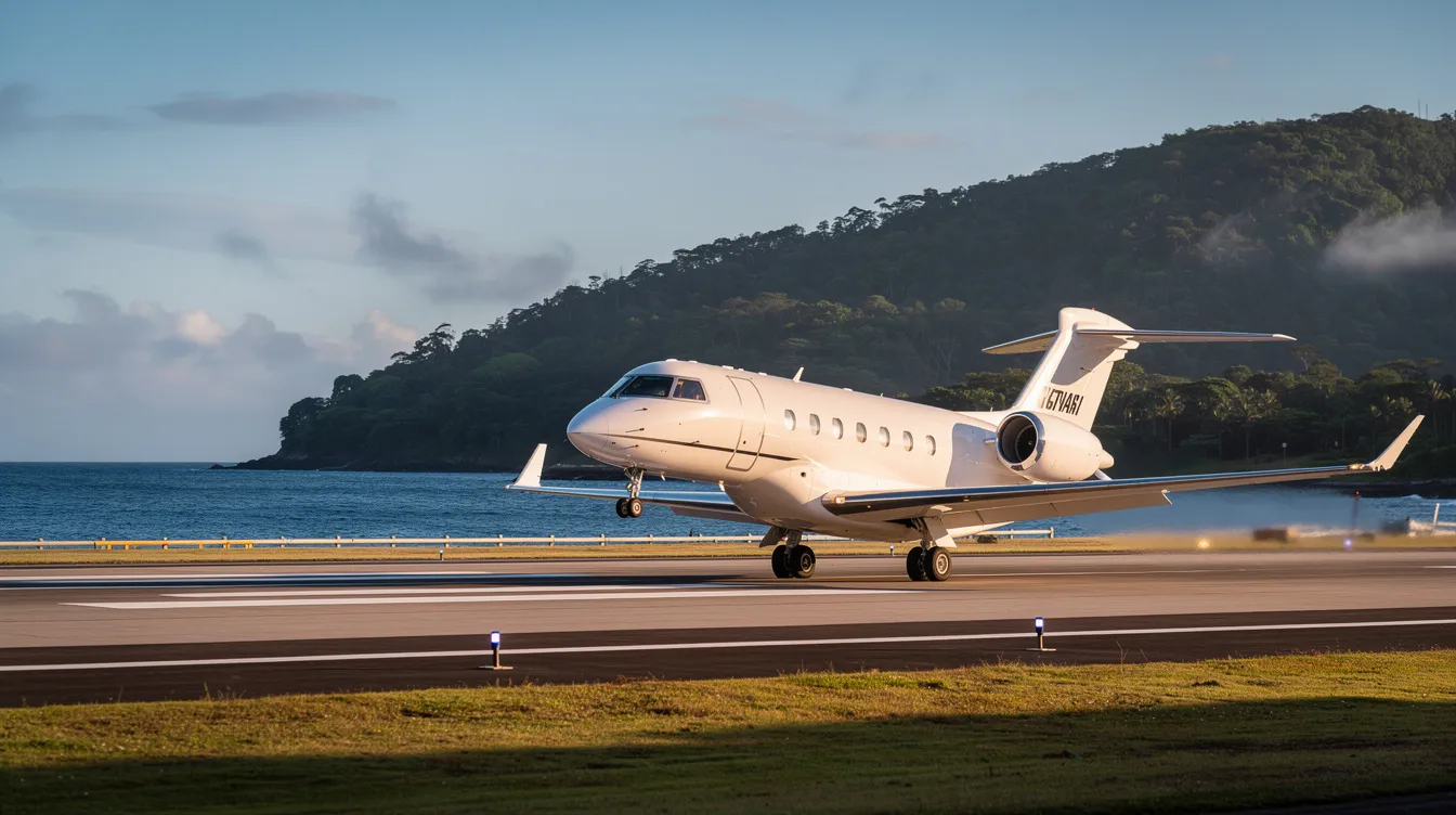 A sleek white private jet is taking off from a runway, with the stunning backdrop of the Pacific Ocean and lush forested hills, capturing the essence of private jet travel in British Columbia. This scene reflects the luxury and convenience of private jet charter services available near Vancouver International Airport.