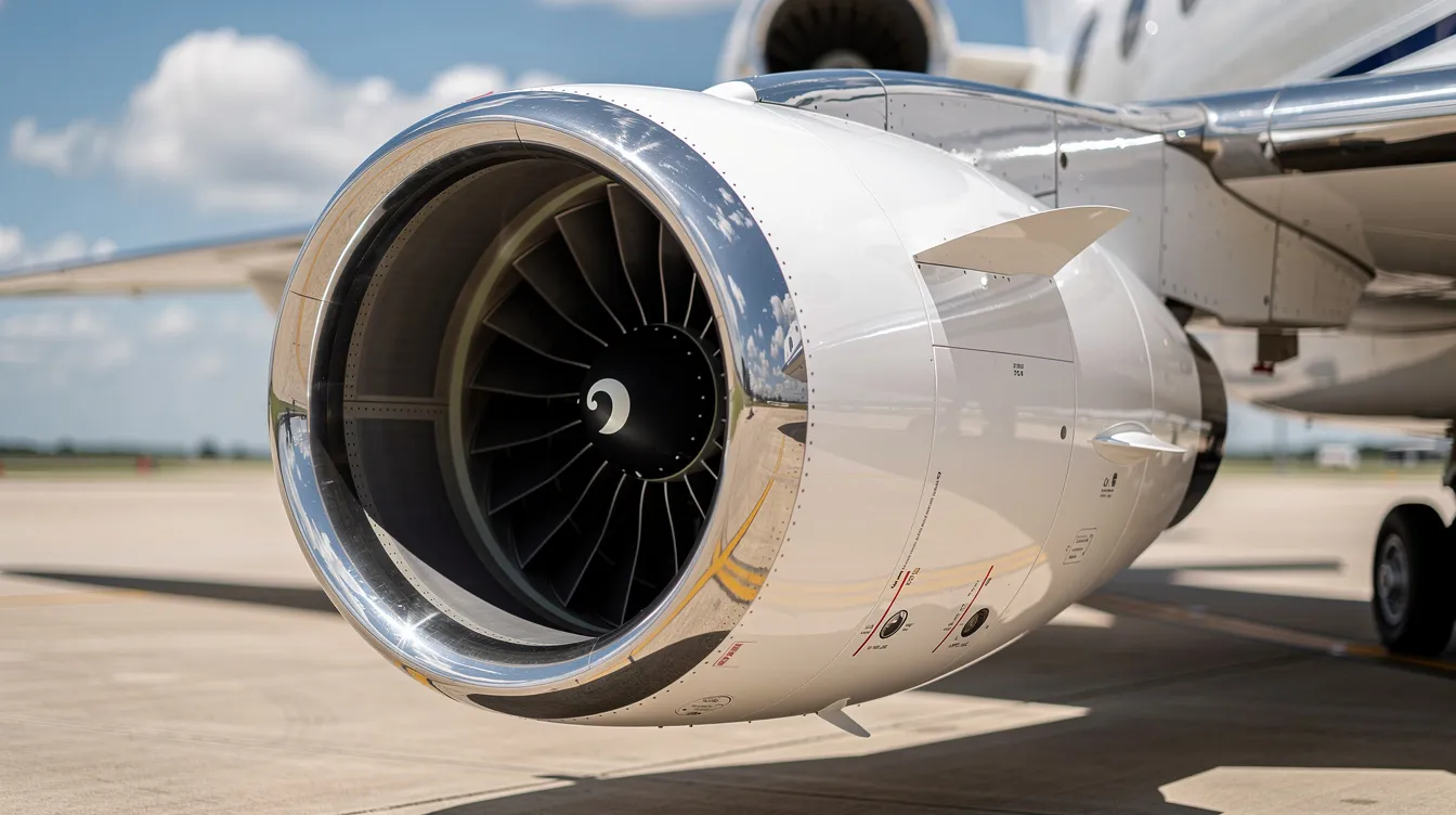 A close-up view of a modern turbofan engine on a private jet showcases its sleek metallic surfaces, which reflect sunlight beautifully. This image highlights the advanced engineering of private aviation, emphasizing the efficiency and design of private jet flights.