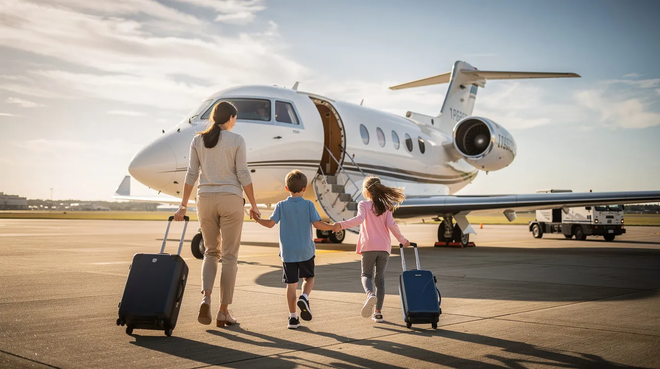 A family with two children is walking toward a midsize private jet on a sunny tarmac, ready for their private aviation adventure. The scene captures the excitement of flying private, highlighting the convenience and luxury of private jet charters for family trips.