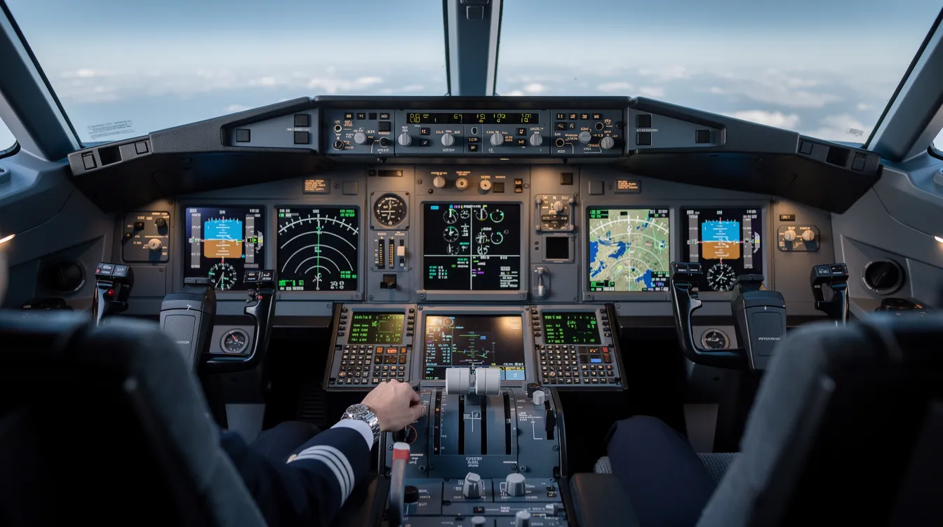 The image depicts a modern glass cockpit featuring advanced digital flight displays, with a pilot's hands actively engaged on the controls, highlighting the critical role of flight crew in ensuring aviation safety during commercial flight operations. This setup reflects the advancements in aviation technology aimed at enhancing safety and reducing the accident rate in the airline industry.
