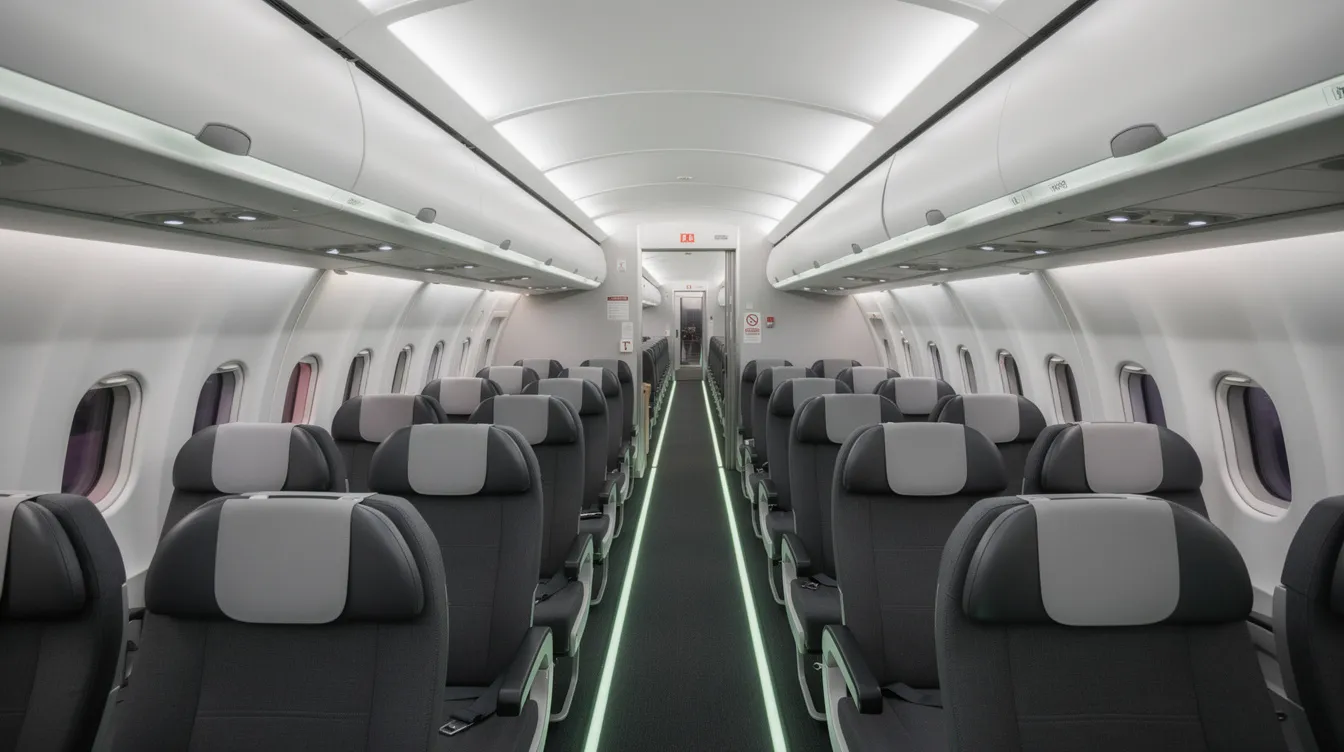 The image depicts the interior of a modern aircraft cabin, showcasing emergency exit lighting along the aisles and a spacious layout designed for passenger comfort. This design is a critical aspect of aviation safety, enhancing the overall safety performance of commercial flights as outlined by organizations like the Federal Aviation Administration and the National Transportation Safety Board.