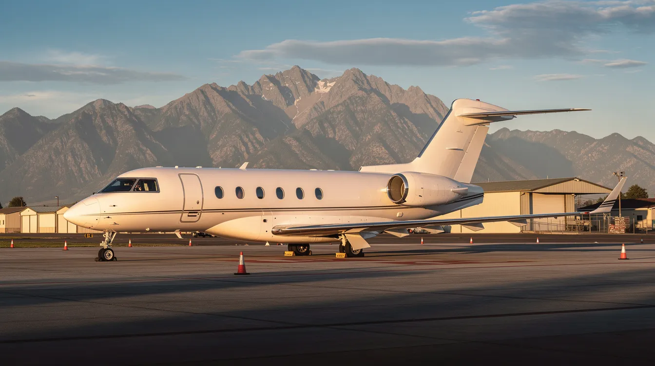 A sleek private jet is parked on the tarmac at a small regional airport, with majestic mountains rising in the background, suggesting a serene travel destination. This scene evokes the luxury of flying with leading airlines like Delta, known for their nonstop flights to various destinations.