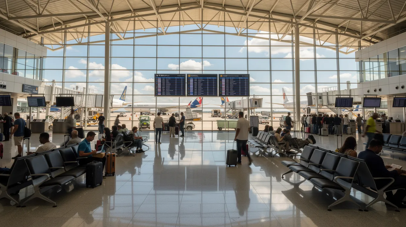 The image depicts a busy airport terminal interior, showcasing multiple aircraft visible through expansive floor-to-ceiling windows, highlighting a vibrant atmosphere filled with passengers preparing for their scheduled flights. Airlines such as Delta Air Lines and Qatar Airways can be seen, emphasizing the variety of nonstop flights available to destinations across six continents.