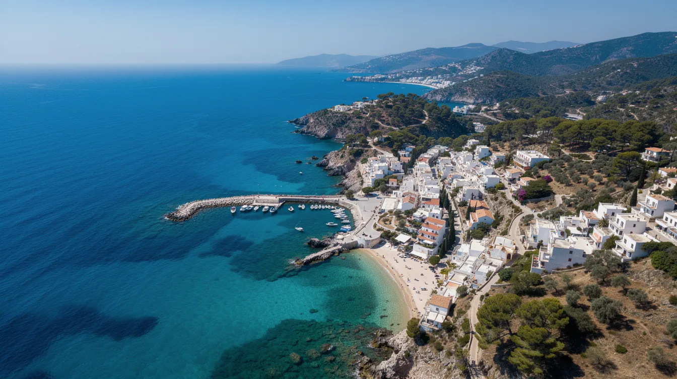 An aerial view showcases a stunning Mediterranean coastline, where turquoise waters meet charming white seaside towns nestled along the shore. The vibrant landscape highlights the beauty of the region, inviting travelers to explore its picturesque destinations.