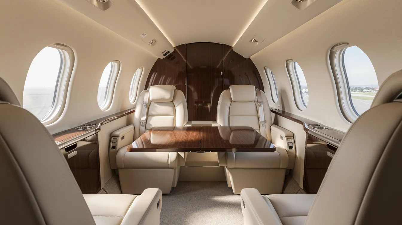 The image depicts the interior of a light jet cabin featuring cream leather seats and a small table, illuminated by natural light streaming through oval windows. This luxurious setting is ideal for private jet travelers seeking comfort on a private jet flight from Phoenix to Las Vegas.