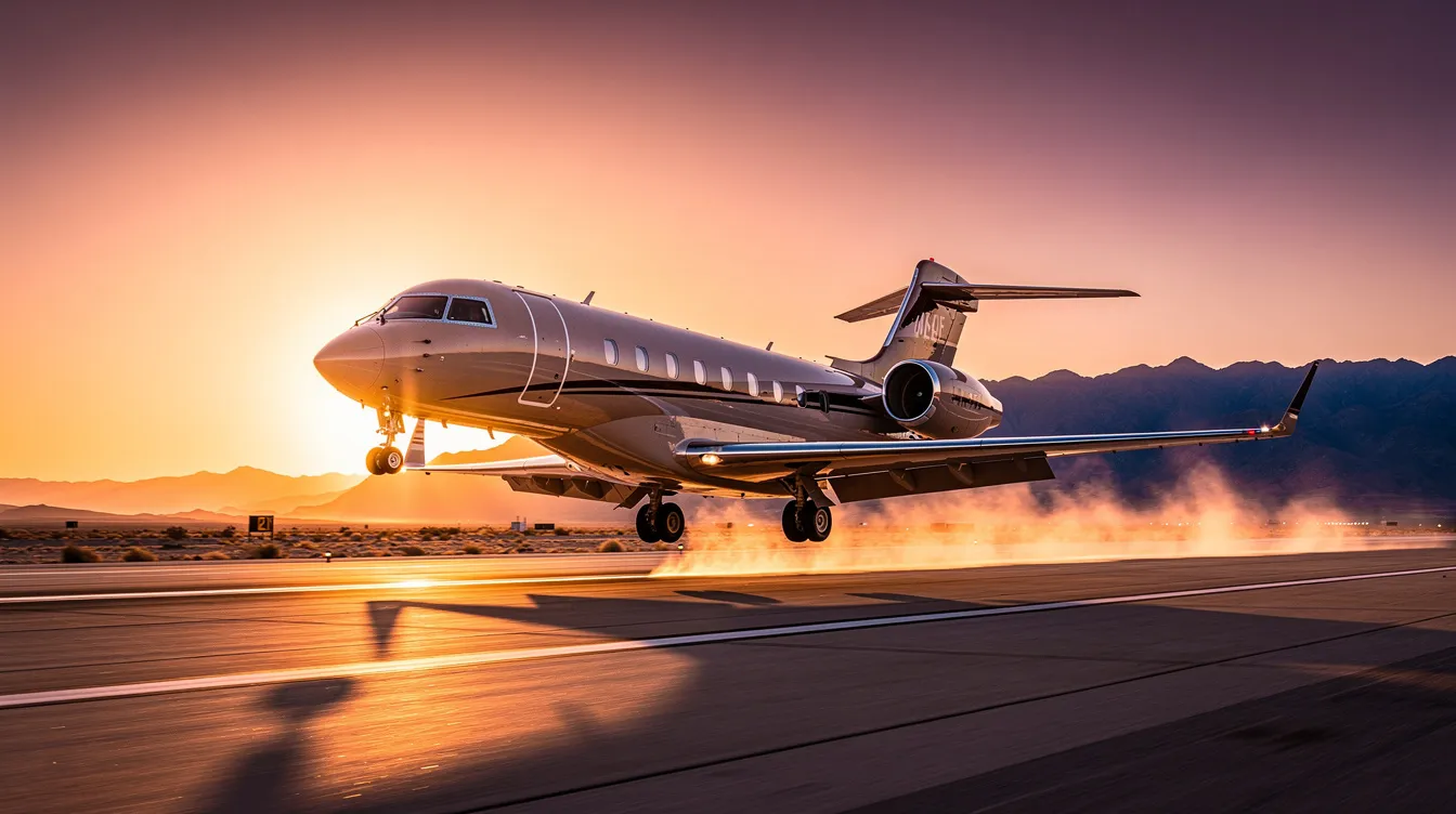 A private jet is taking off against a stunning warm desert sunset, with silhouetted mountains in the background, symbolizing the luxurious private jet charter flight from Phoenix to Las Vegas. The scene captures the essence of private aviation, perfect for business and leisure travelers heading to the vibrant Las Vegas Strip.