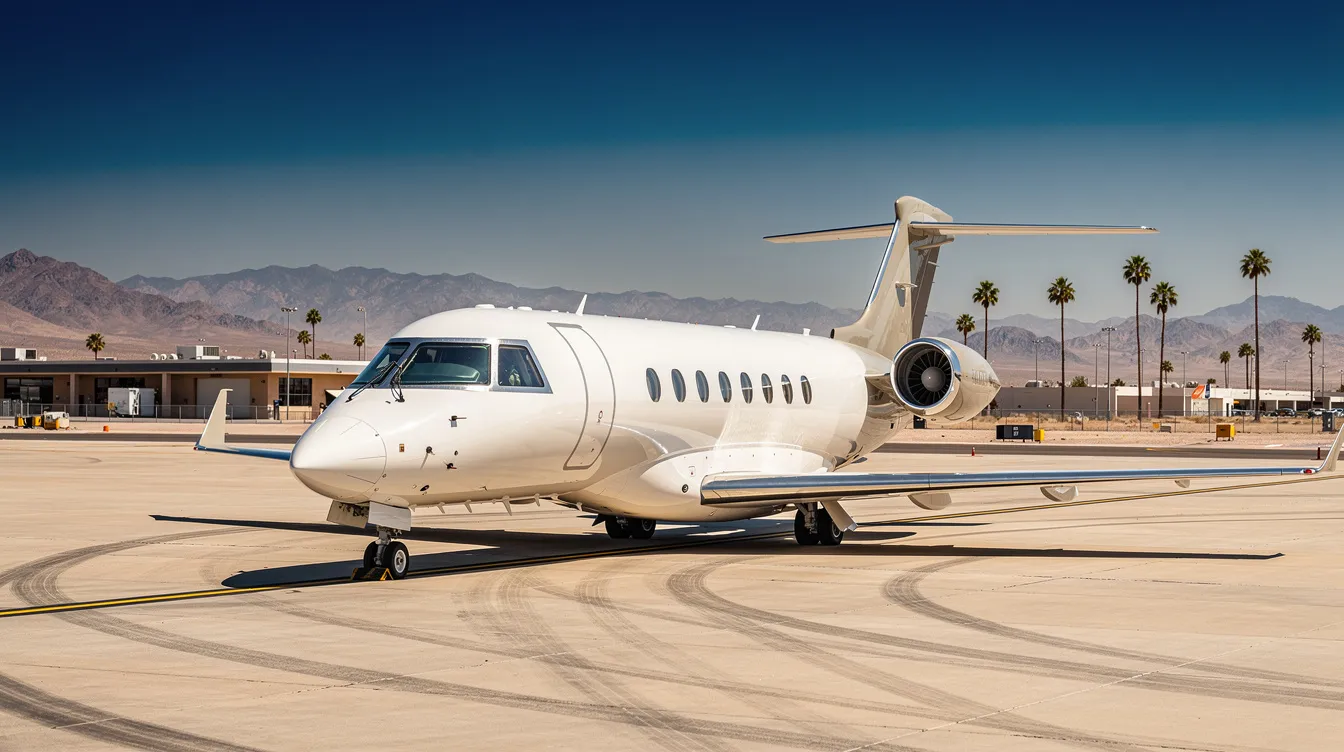 A sleek light jet is parked on a sunlit tarmac at a small desert airport, with palm trees swaying gently in the background, highlighting the allure of private jet travel from Phoenix to Las Vegas. This scene captures the essence of luxury aviation, perfect for business and leisure travelers seeking a premium flight experience.
