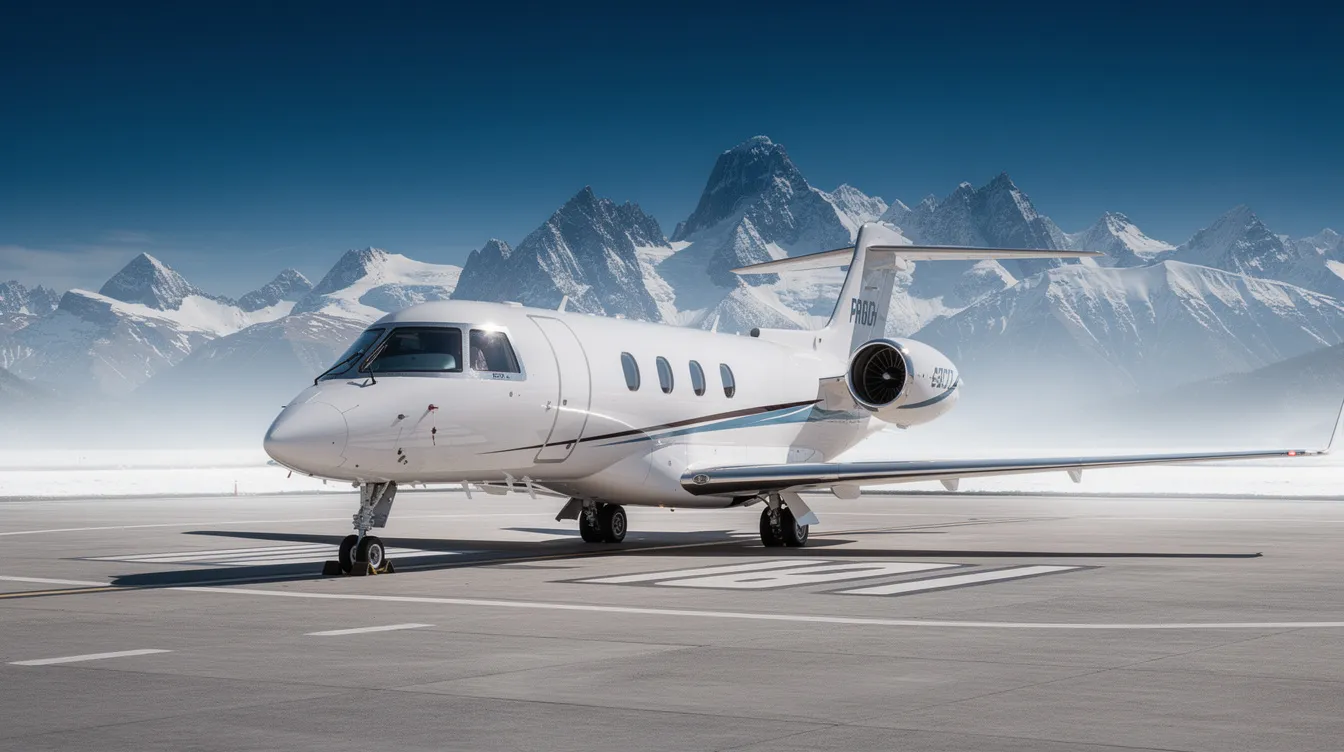 A small private jet is parked on a runway, with stunning snow-capped mountain peaks in the background beneath a clear blue sky, ideal for travelers looking to explore South Lake Tahoe. This serene scene highlights the beauty of the region, perfect for those seeking cheap flights to South Lake and unforgettable experiences.