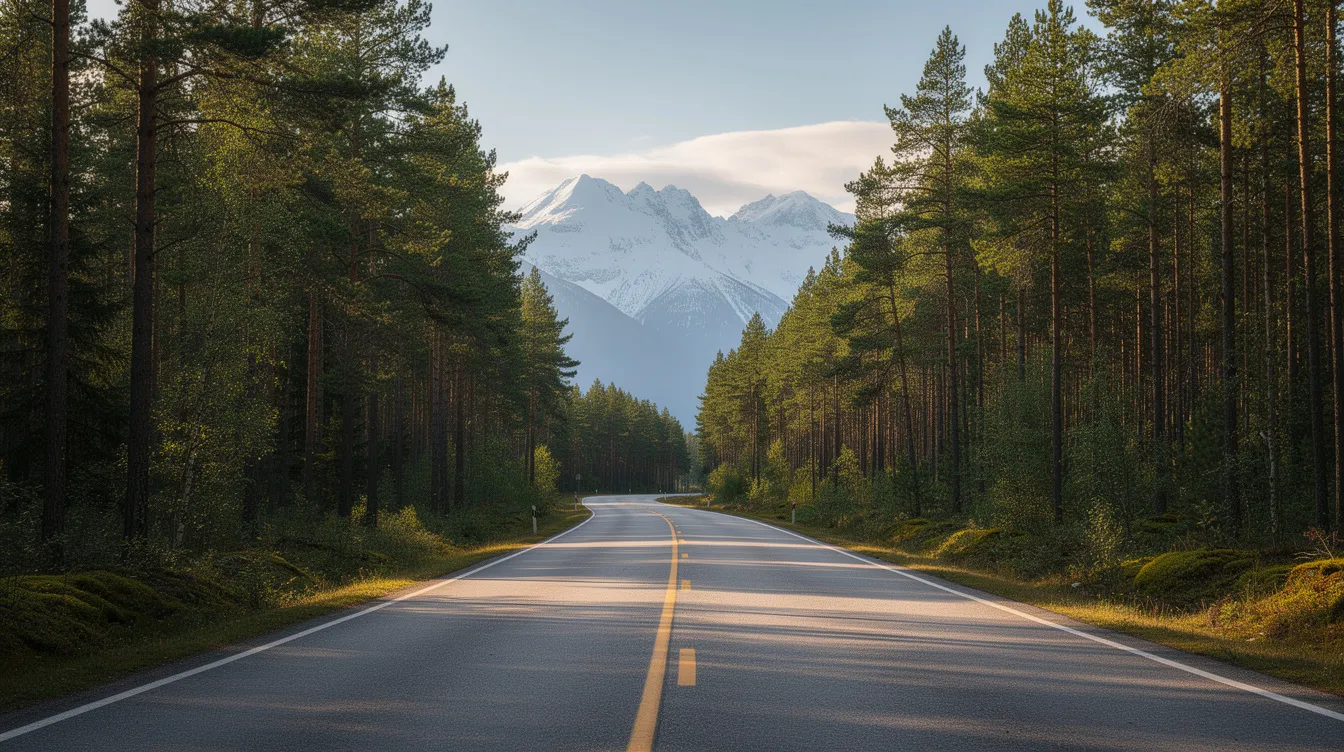 A scenic two-lane highway winds through tall pine trees, with majestic snowy mountains visible in the distance, capturing the beauty of South Lake Tahoe. This picturesque view invites travelers to explore the region, perfect for those looking to book cheap flights to South Lake or enjoy outdoor adventures.