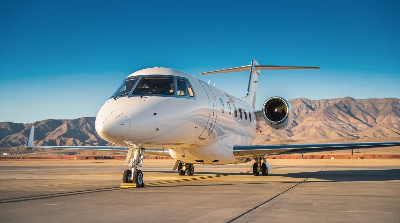 A sleek private jet is parked on a tarmac under a clear blue sky, with desert mountains in the background, creating a luxurious scene ideal for travelers planning to fly to Las Vegas. This image evokes the allure of direct flights to Sin City, perfect for business travelers and those seeking the best deals on flights to Las Vegas.
