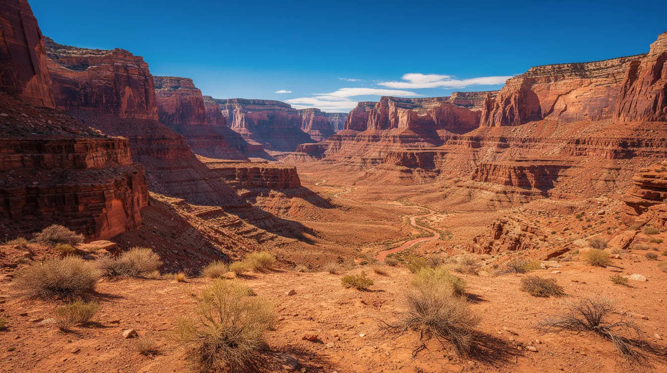 The image depicts a stunning desert canyon landscape characterized by striking red rock formations set against a clear blue sky, evoking the natural beauty often found near Las Vegas. This picturesque scene highlights the allure of outdoor adventures for travelers planning to visit Las Vegas and explore its breathtaking surroundings.