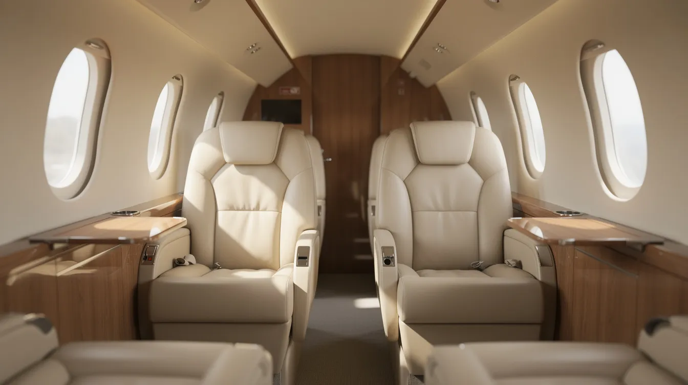 The image shows the interior of a small private jet cabin featuring plush leather seats and ample natural light streaming through the windows, creating a spacious and inviting atmosphere for passengers. This affordable private jet design emphasizes comfort and efficiency, ideal for those interested in private aviation and economical private jets.