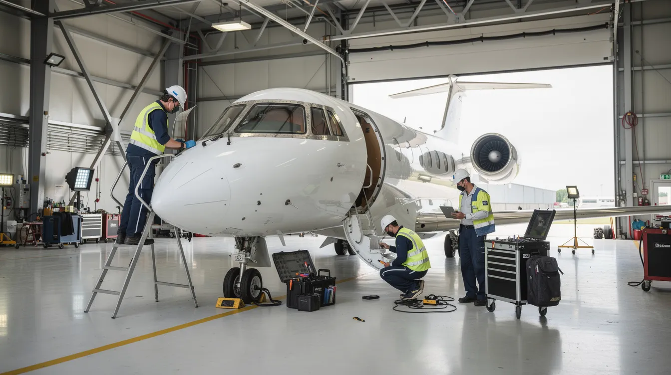 The image shows a small private jet, specifically a Cirrus Vision Jet, parked inside a maintenance hangar where technicians are inspecting it. This light jet, known for its spacious cabin and excellent fuel efficiency, is part of the private aviation market catering to affordable private jets and budget-conscious buyers.