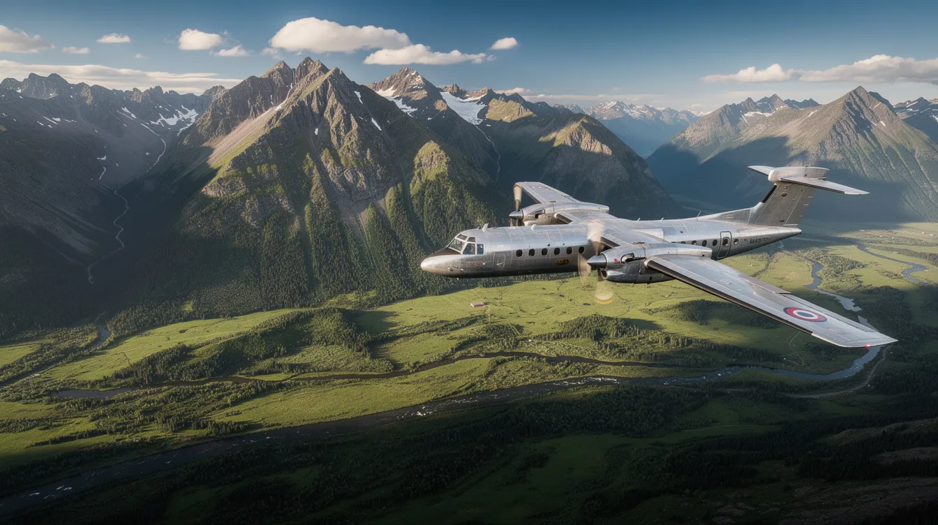A twin-engine turboprop aircraft, often considered an economical choice in private aviation, soars over stunning mountainous terrain dotted with lush green valleys. This aircraft type is popular among private aviation enthusiasts for its excellent fuel efficiency and suitability for short regional flights.