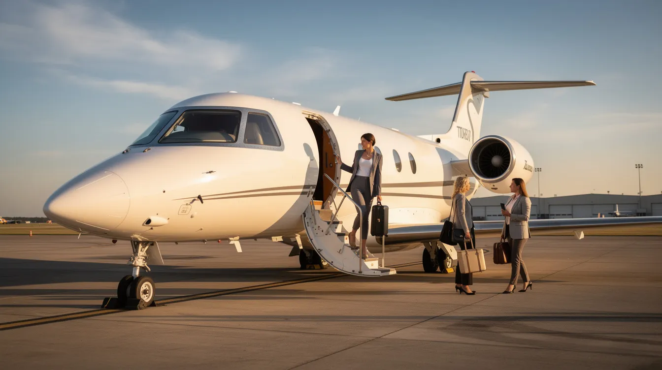 A sleek light jet, resembling the Cirrus Vision Jet, is parked on the tarmac as passengers board, showcasing the appeal of private aviation for both personal and business use. This economical private jet exemplifies the growing interest in affordable aircraft options among private jet enthusiasts.