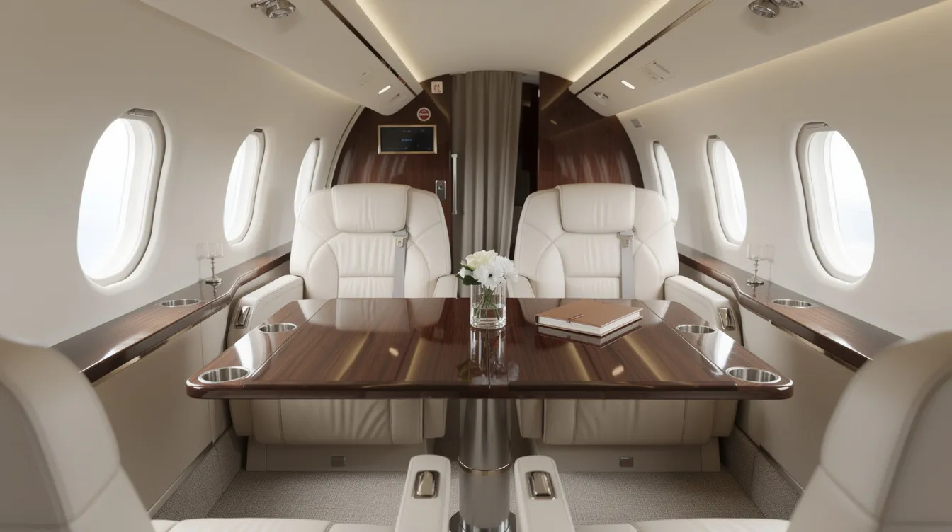 The image depicts the interior of a midsize private jet cabin, featuring luxurious leather seats arranged around a polished wood table, providing a comfortable space for business travelers. This elegant setting is ideal for those flying on private jet charter flights from Dallas to Las Vegas, ensuring a stylish and efficient travel experience.