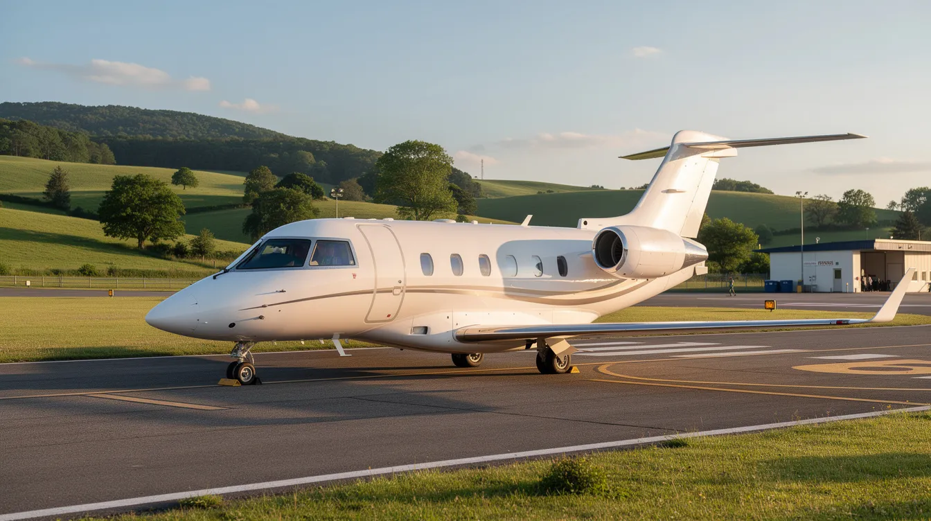 A sleek light jet is parked at a small regional airport, surrounded by lush green hills, showcasing the elegance of private aviation. This scene highlights the ideal aircraft for short regional trips, emphasizing the convenience and beauty of flying private.