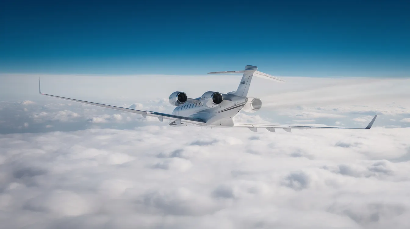 A sleek private jet soars high above fluffy white clouds, with sunlight glinting off its polished fuselage, symbolizing the luxury and efficiency of private aviation. This scene captures the essence of flying private, showcasing the freedom and comfort that comes with business travel in the best private jets.