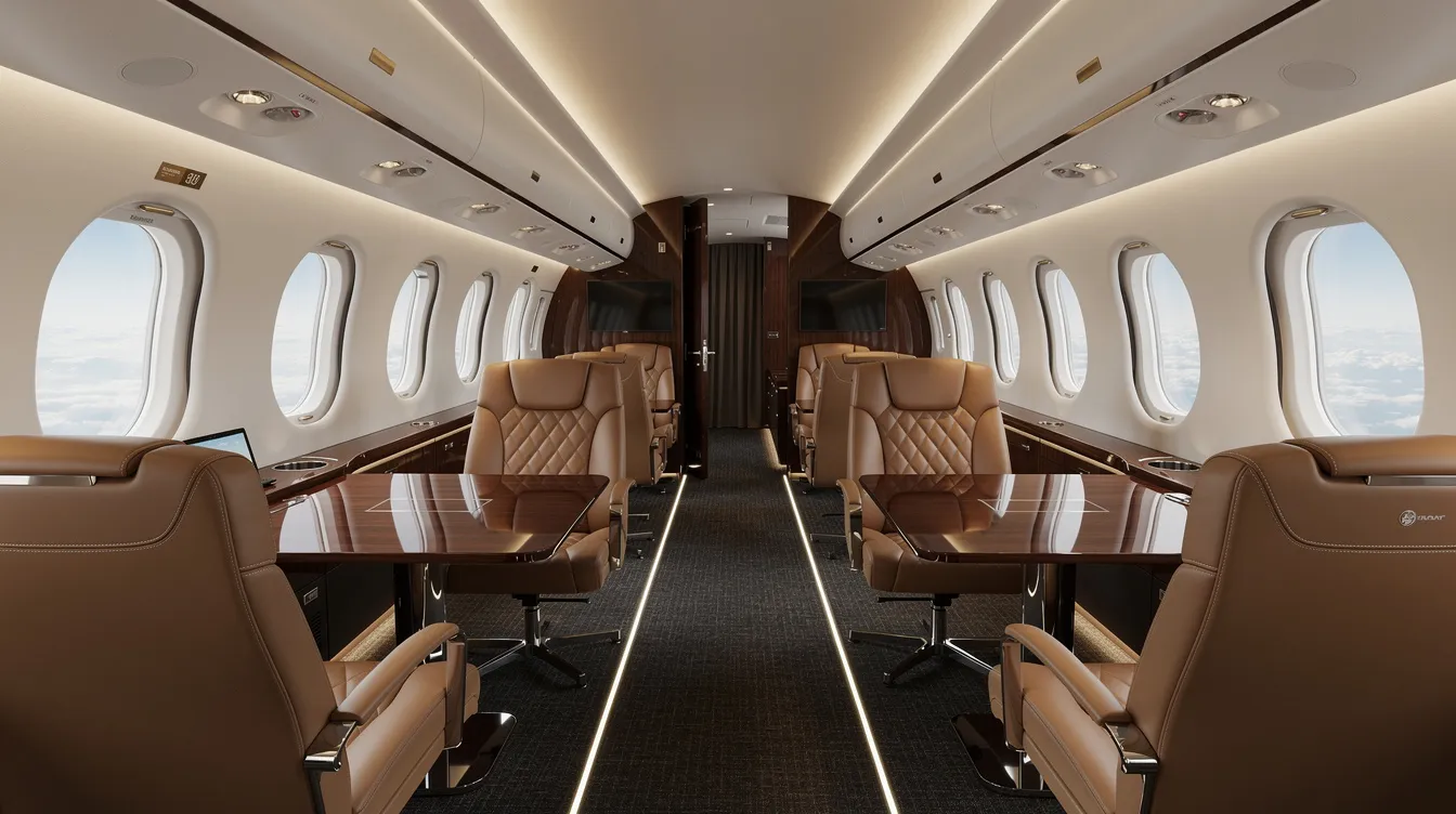 The image depicts the luxurious interior of a wide-body executive jet, featuring plush leather conference seating, expansive windows that allow natural light to fill the cabin, and ambient lighting that enhances the overall atmosphere. This spacious design is ideal for business travel, accommodating six to eight passengers comfortably while providing a high level of cabin comfort and style.