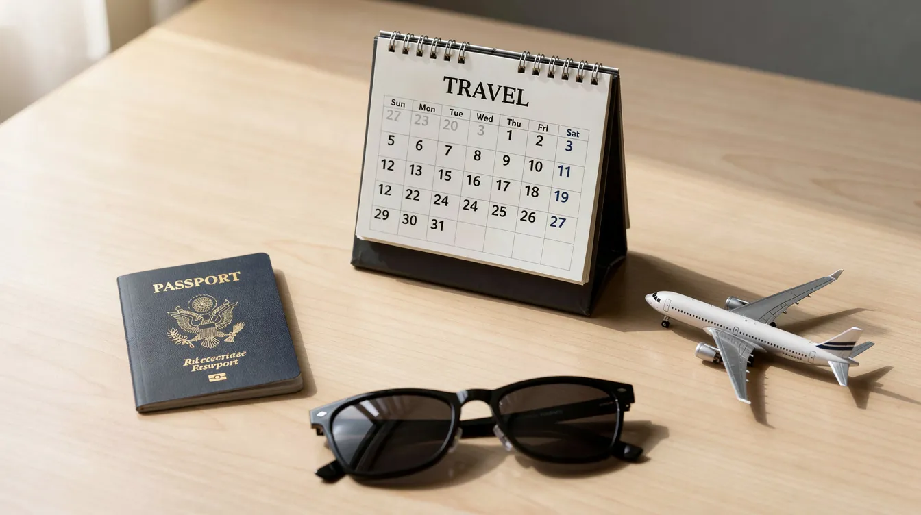 The image features a desk calendar next to a passport, sunglasses, and a small model airplane, suggesting the excitement of planning upcoming domestic and international trips. This setup highlights the importance of tracking flight prices and booking flights in advance for affordable travel.