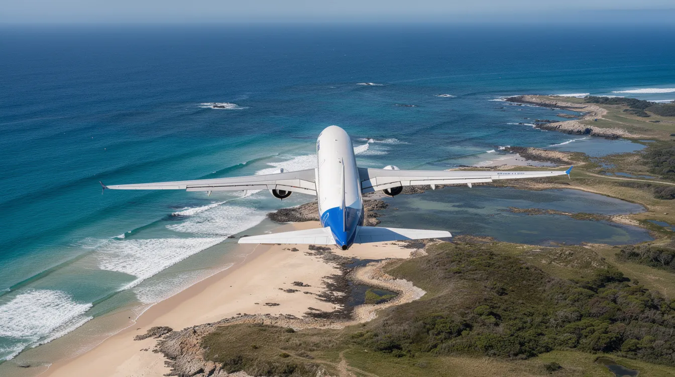 An aerial view captures a commercial airplane soaring over a stunning coastline with turquoise waters, illustrating the allure of air travel for both domestic and international trips. This scene evokes thoughts of planning ahead for holiday flights and finding cheap flights to enjoy the beauty of travel.