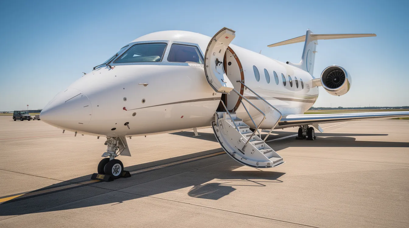 A sleek private jet is parked on a tarmac with its stairs extended, set against a backdrop of a clear blue sky. This image evokes the luxury of air travel, highlighting the appeal of booking flights for both domestic and international trips.