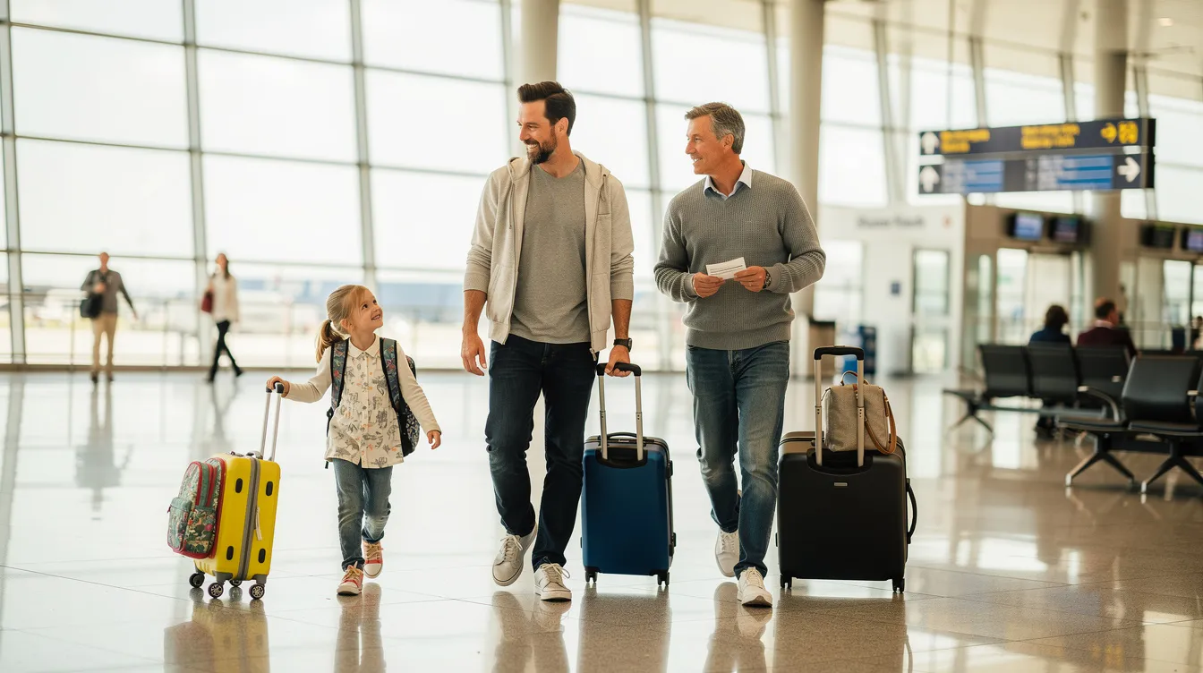 A family of four is walking through a bright and modern airport terminal, each carrying luggage as they prepare for their journey. The scene captures the excitement of air travel, where they may be looking for cheap flights or planning their next international trips.