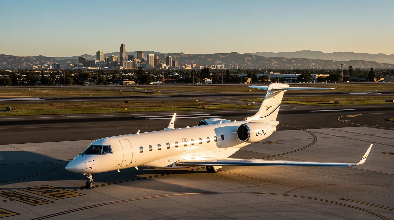 A sleek private jet is parked at the San Jose International Airport, showcasing its modern design and spacious cabin, ready for charter operations. This aircraft is ideal for travelers looking for convenience and luxury while flying to popular destinations in California and beyond.