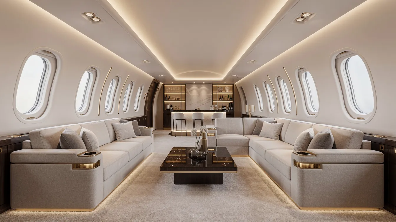 The image showcases a luxurious private jet interior featuring a spacious lounge area with plush sofas and ambient lighting, designed for ultimate comfort and relaxation for private jet travelers. This elegant setting exemplifies the unparalleled luxury of ultra long range jets, making it perfect for both business and leisure travelers.