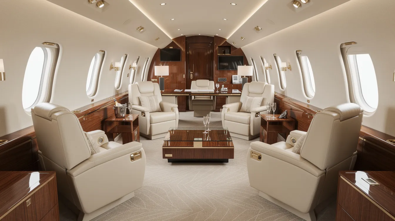 The image showcases the interior of a luxurious private jet cabin, featuring cream leather seats and warm wood paneling, with distinct seating zones designed for both business and leisure travelers. This spacious cabin exemplifies the unparalleled luxury of private aviation, offering an inviting and comfortable atmosphere for up to eight passengers.