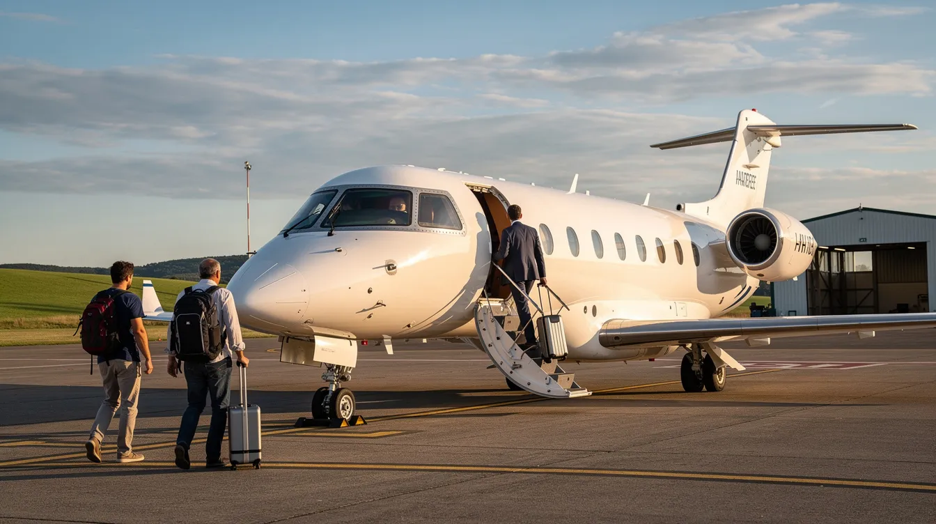 Passengers are boarding a mid-size private jet at a small regional airport, with lush green hills in the background, highlighting the luxurious experience of private aviation. This scene captures the essence of private jet travel, showcasing the convenience and elegance associated with flying in ultra long range jets.
