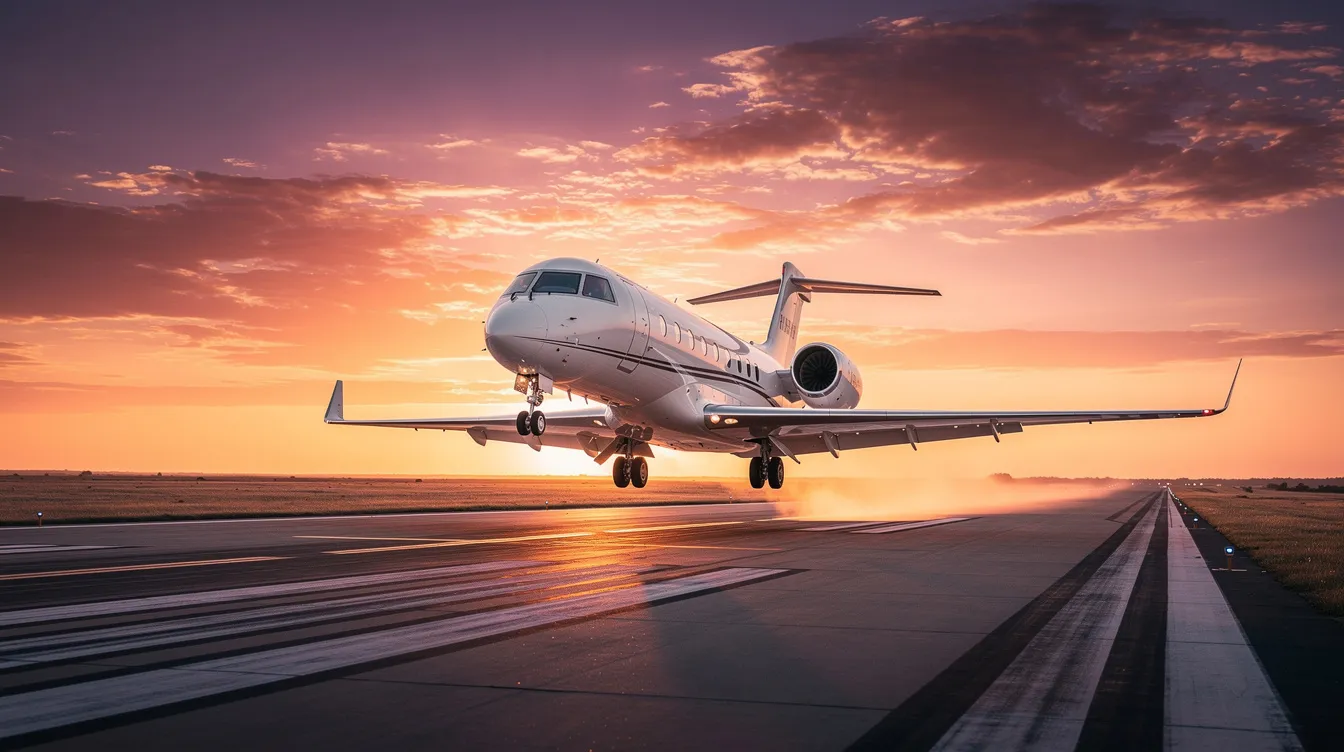 A sleek private jet is taking off against a vivid sunset sky, showcasing the beauty of private aviation. The open runway emphasizes the aircraft's impressive capabilities, ideal for long range flights and luxurious travel experiences.