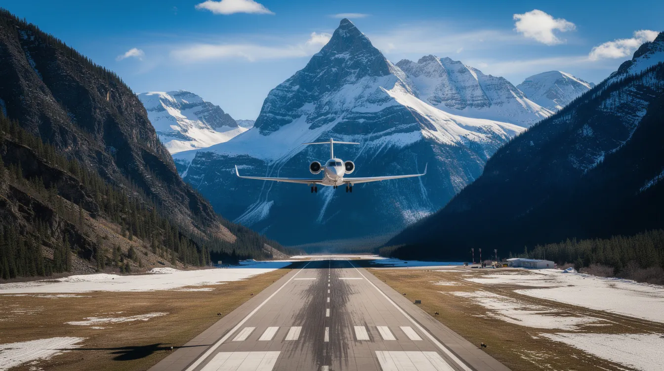 A private jet is gracefully approaching a runway at a scenic mountain airport, with majestic snow-capped peaks rising in the background. This image captures the essence of private aviation, showcasing the luxurious amenities and spacious cabin of the aircraft, ideal for intercontinental flights and business meetings.