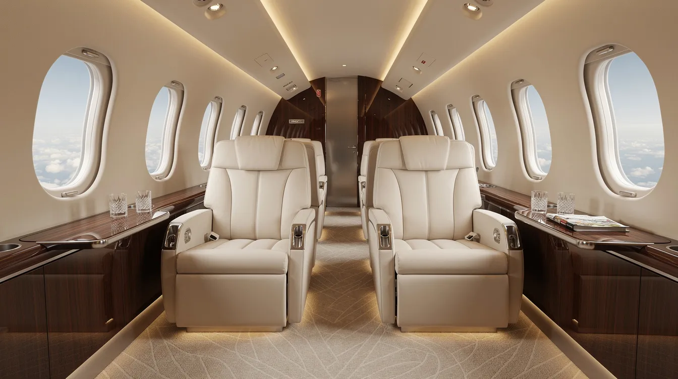 The image depicts the interior of a luxurious private jet cabin featuring wide leather seats, large windows allowing for ample natural light, and soft ambient lighting that enhances the atmosphere of unparalleled luxury. This spacious cabin is designed for maximum passenger comfort, making it ideal for both business aviation and leisure trips.