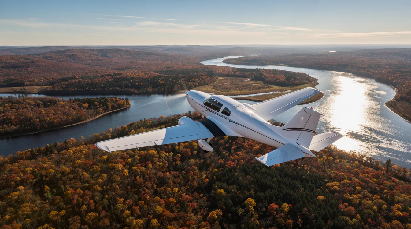 A sleek single-engine airplane soars above vibrant autumn-colored forests and a winding river, showcasing the beauty of a family aircraft in flight. This scene captures the essence of cross country adventures, ideal for family vacations and exploring nature together.